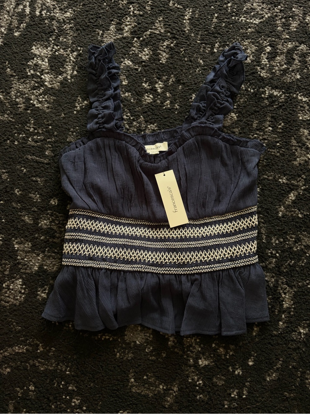 Francesca's Collections Navy Ruffle Strap Smocked Waist Tank